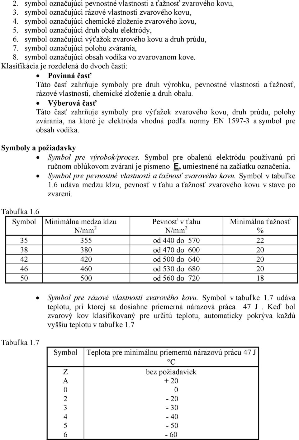Klasifikácia je rozdelená do dvoch častí: Povinná časť Táto časť zahrňuje symboly pre druh výrobku, pevnostné vlastnosti a ťažnosť, rázové vlastnosti, chemické zloženie a druh obalu.