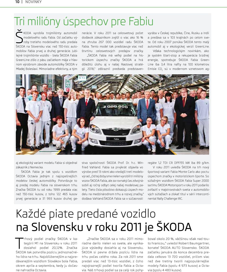 Jubilejné trojmiliónte vozidlo - biela ŠKODA Fabia GreenLine zišlo z pásu začiatkom mája v hlavnom výrobnom závode automobilky ŠKODA v Mladej Boleslavi.