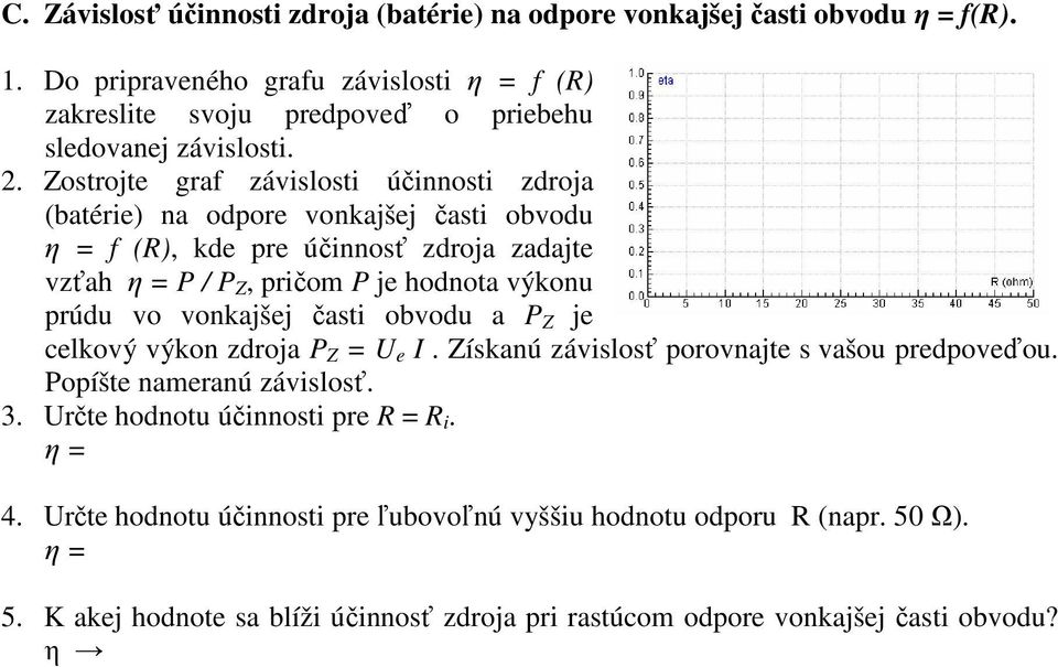 Zostrojte graf závislosti úinnosti zdroja (batérie) na odpore vonkajšej asti obvodu = f (), kde pre úinnos zdroja zadajte vzah = P / P Z, priom P je hodnota výkonu prúdu vo