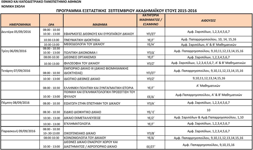 Σαριπόλων, Α' & Β' Μαθηματικών Τρίτη 06/09/2016 10:30 13:00 ΠΟΛΙΤΙΚΗ ΔΙΚΟΝΟΜΙΑ Ι ΥΠ/Δ Αμφ.