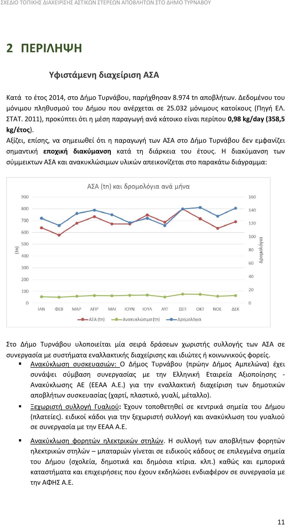 Αξίζει, επίσης, να σημειωθεί ότι η παραγωγή των ΑΣΑ στο Δήμο Τυρνάβου δεν εμφανίζει σημαντική εποχική διακύμανση κατά τη διάρκεια του έτους.