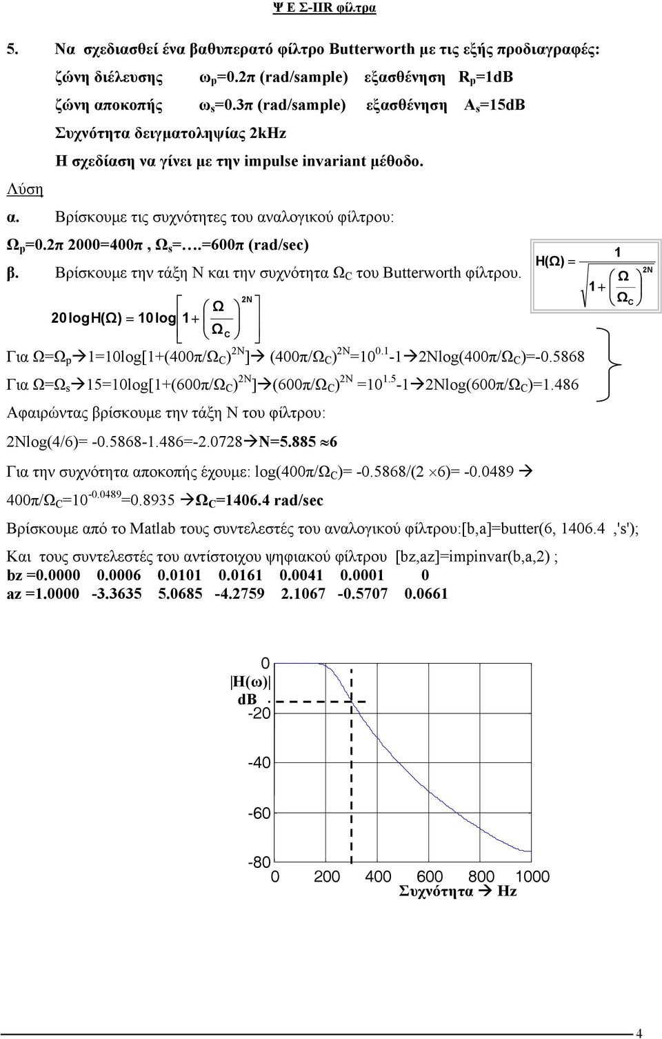 Βρίσκουµε την τάξη Ν και την συχνότητα του Butterworth φίλτρου. + N 0logH() 0log + Για p 0log[+(400π/ ) N ] (400π/ ) N 0 0. - Nlog(400π/ )-0.5868 Για 50log[+(600π/ ) N ] (600π/ ) N 0.5 - Nlog(600π/ ).