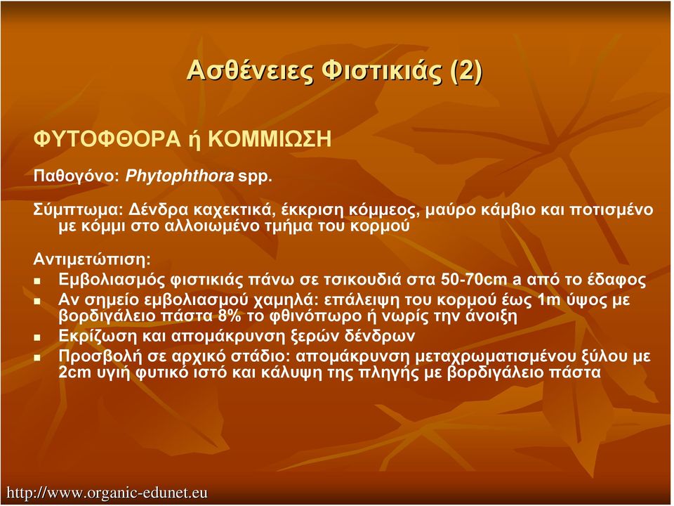 πάνω σε τσικουδιά στα 50-70cm a απότοέδαφος Αν σημείο εμβολιασμού χαμηλά: επάλειψη του κορμού έως 1m ύψος με βορδιγάλειο πάστα 8% το