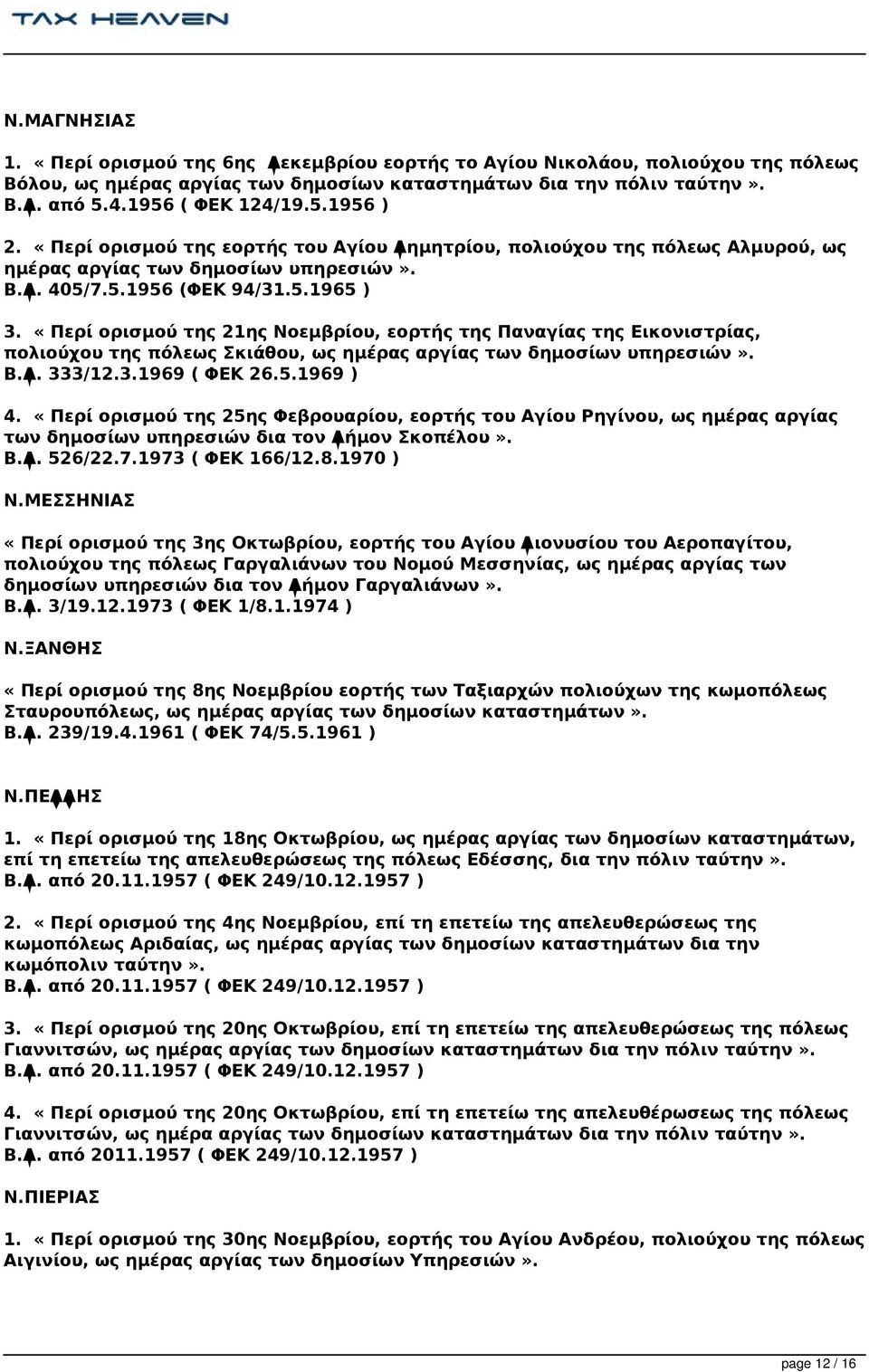«Περί ορισμού της 21ης Νοεμβρίου, εορτής της Παναγίας της Εικονιστρίας, πολιούχου της πόλεως Σκιάθου, ως ημέρας αργίας των δημοσίων υπηρεσιών». Β.Δ. 333/12.3.1969 ( ΦΕΚ 26.5.1969 ) 4.