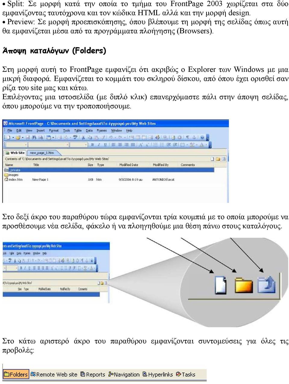 Άποψη καταλόγων (Folders) Στη µορφή αυτή το FrontPage εµφανίζει ότι ακριβώς ο Explorer των Windows µε µια µικρή διαφορά.
