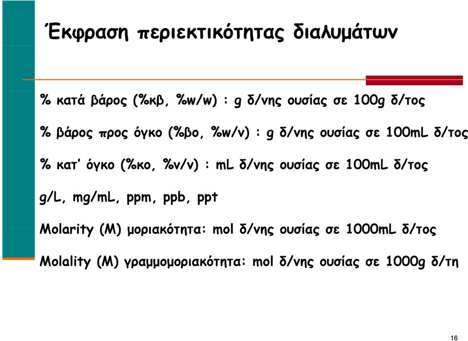 %v/v) : ml δ/νης ουσίας σε 100mL δ/τος g/l, mg/ml, ppm, ppb, ppt Molarity (M)