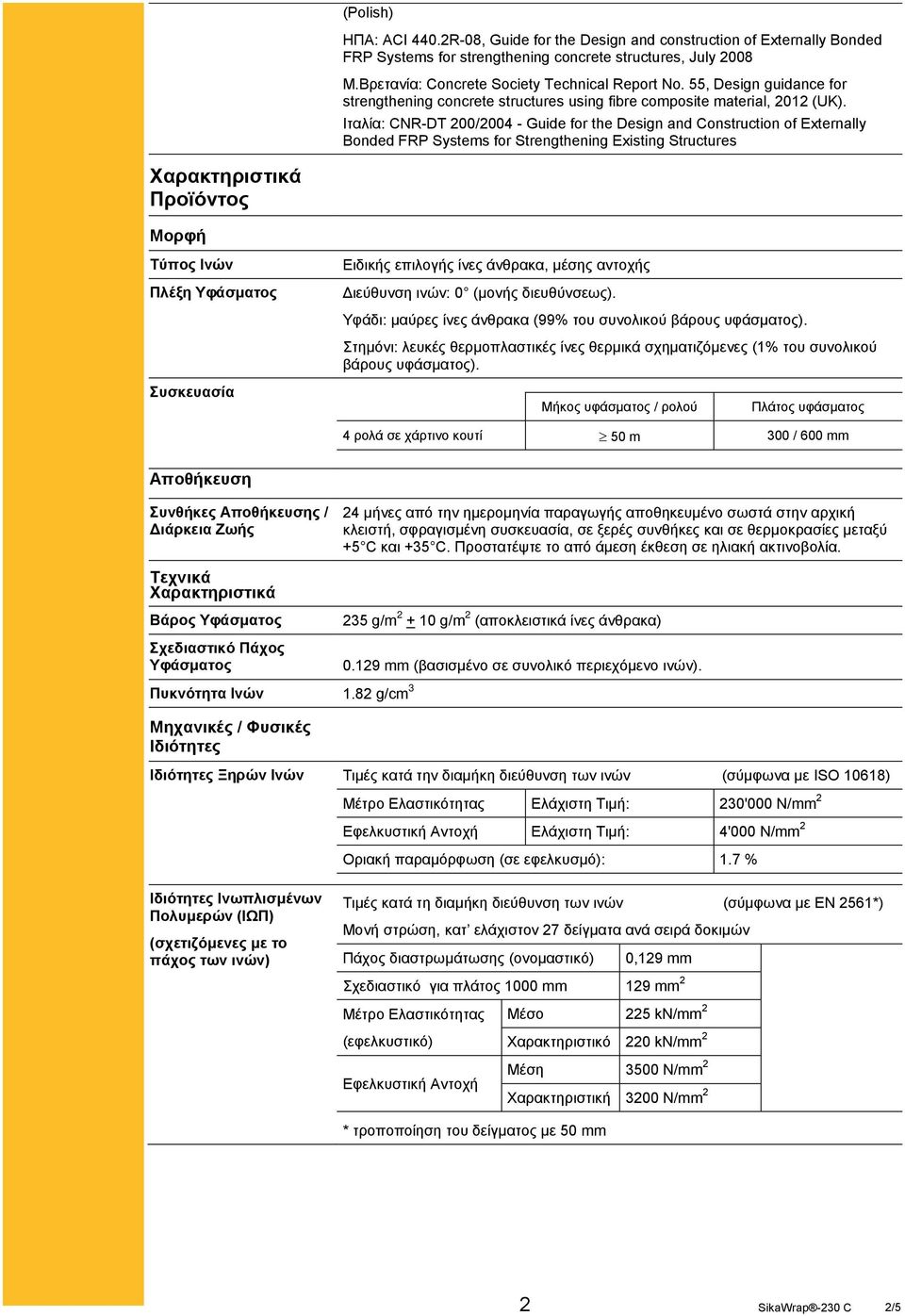 Ιταλία: CNR-DT 200/2004 - Guide for the Design and Construction of Externally Bonded FRP Systems for Strengthening Existing Structures Χαρακτηριστικά Προϊόντος Μορφή Τύπος Ινών Πλέξη Υφάσματος