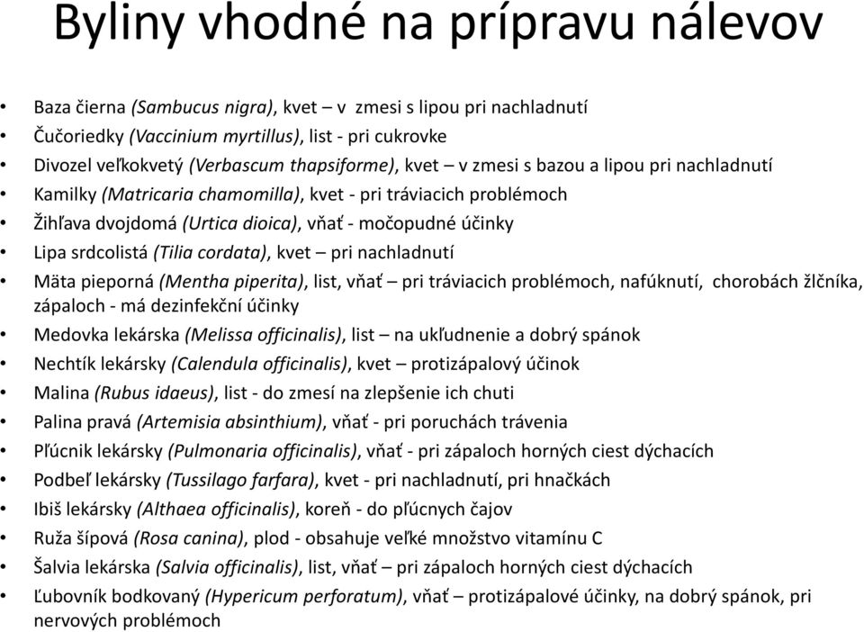 cordata), kvet pri nachladnutí Mäta pieporná (Mentha piperita), list, vňať pri tráviacich problémoch, nafúknutí, chorobách žlčníka, zápaloch - má dezinfekční účinky Medovka lekárska (Melissa