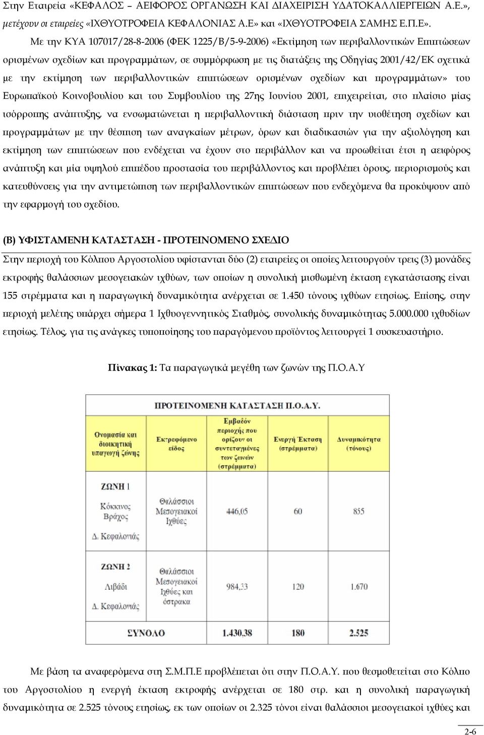 Με την ΚΥΑ 107017/28-8-2006 (ΦΕΚ 1225/Β/5-9-2006) «Εκτίμηση των περιβαλλοντικών Επιπτώσεων ορισμένων σχεδίων και προγραμμάτων, σε συμμόρφωση µε τις διατάξεις της Οδηγίας 2001/42/ΕΚ σχετικά µε την