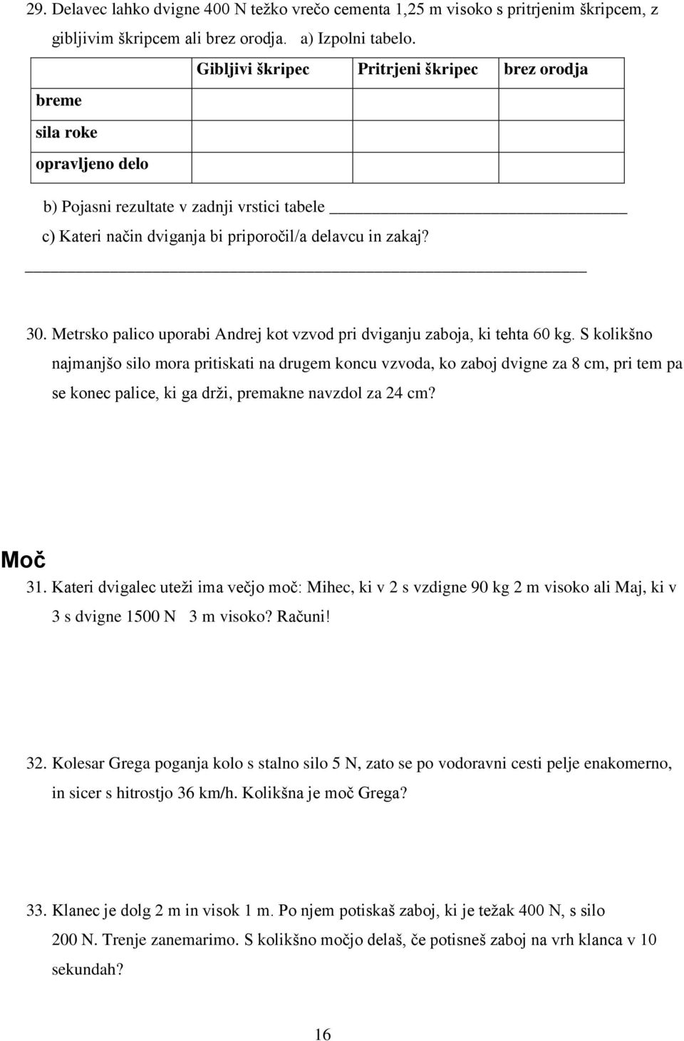 Metrsko palico uporabi Andrej kot vzvod pri dviganju zaboja, ki tehta 60 kg.