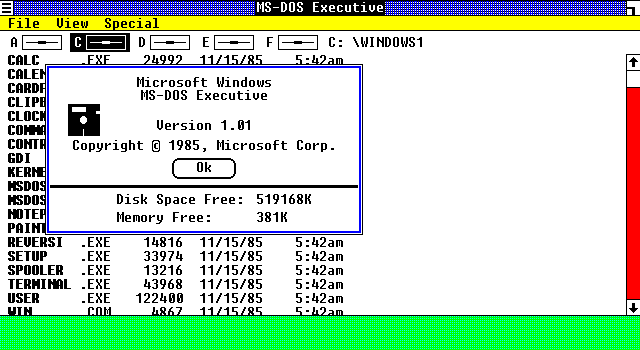 Η Microsoft ξεκίνησε την κατασκευή των πρώτων Windows (που αρχικά ονομαζόταν Interface Manager) τον Σεπτέμβριο του 1981. Η πρώτη έκδοση (τα Windows 1.0) ήταν απλά ένα Interface για Λ.Σ. MS-DOS και κυκλοφόρησε τον Νοέμβριο του 1985.