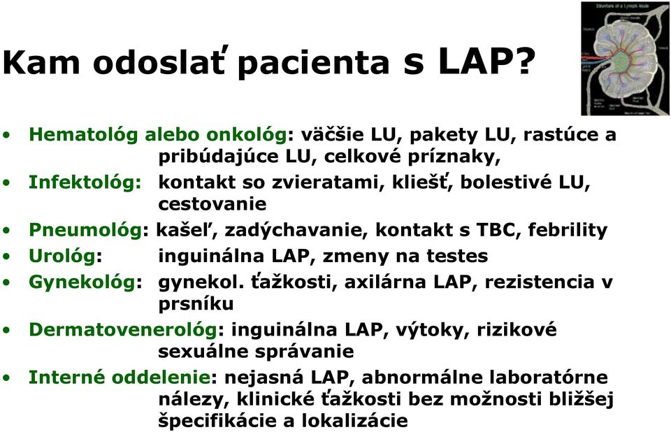 bolestivé LU, cestovanie Pneumológ: kašeľ, zadýchavanie, kontakt s TBC, febrility Urológ: inguinálna LAP, zmeny na testes Gynekológ: