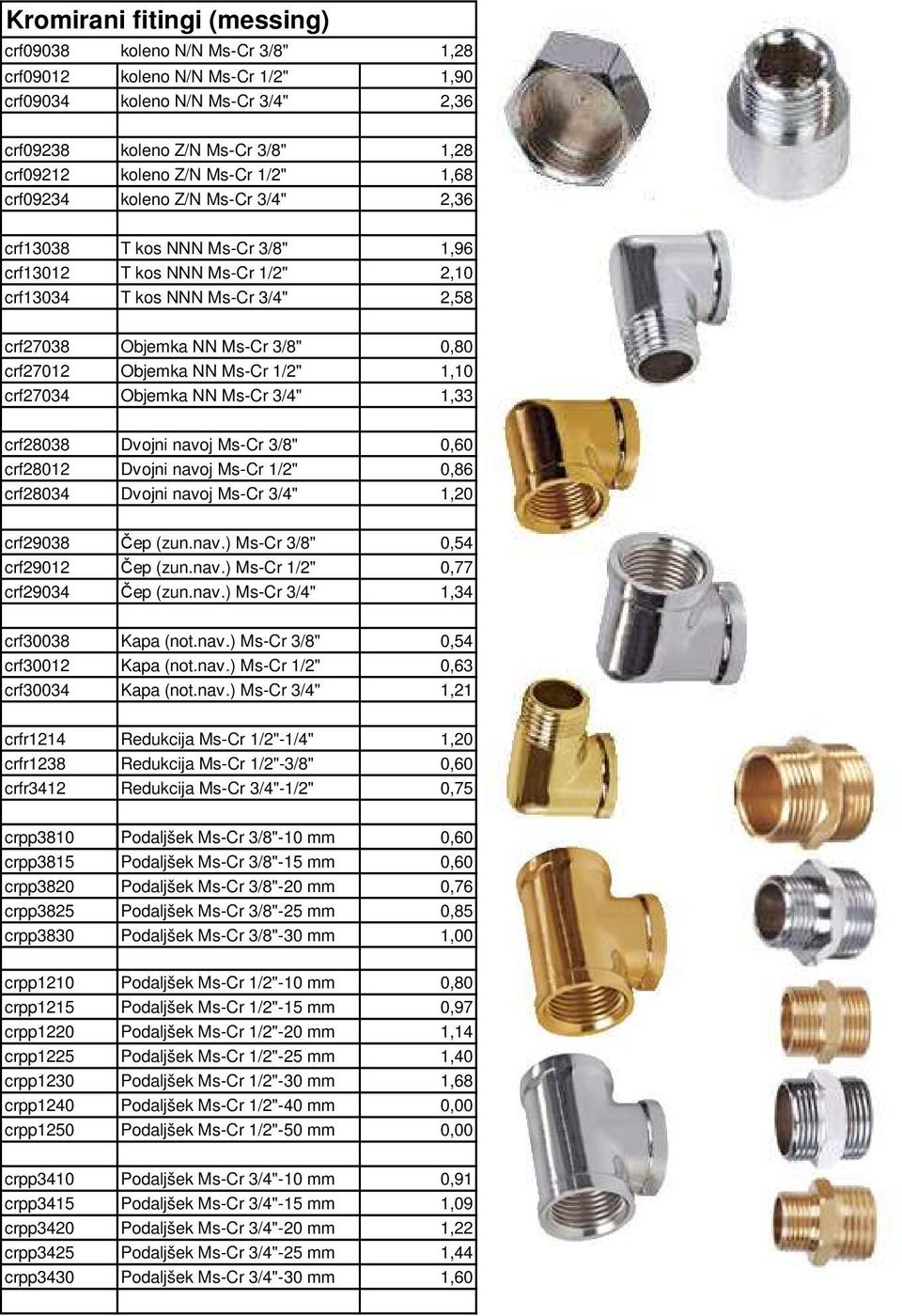 Objemka NN Ms-Cr 1/2" 1,10 crf27034 Objemka NN Ms-Cr 3/4" 1,33 crf28038 Dvojni navoj Ms-Cr 3/8" 0,60 crf28012 Dvojni navoj Ms-Cr 1/2" 0,86 crf28034 Dvojni navoj Ms-Cr 3/4" 1,20 crf29038 Čep (zun.nav.) Ms-Cr 3/8" 0,54 crf29012 Čep (zun.