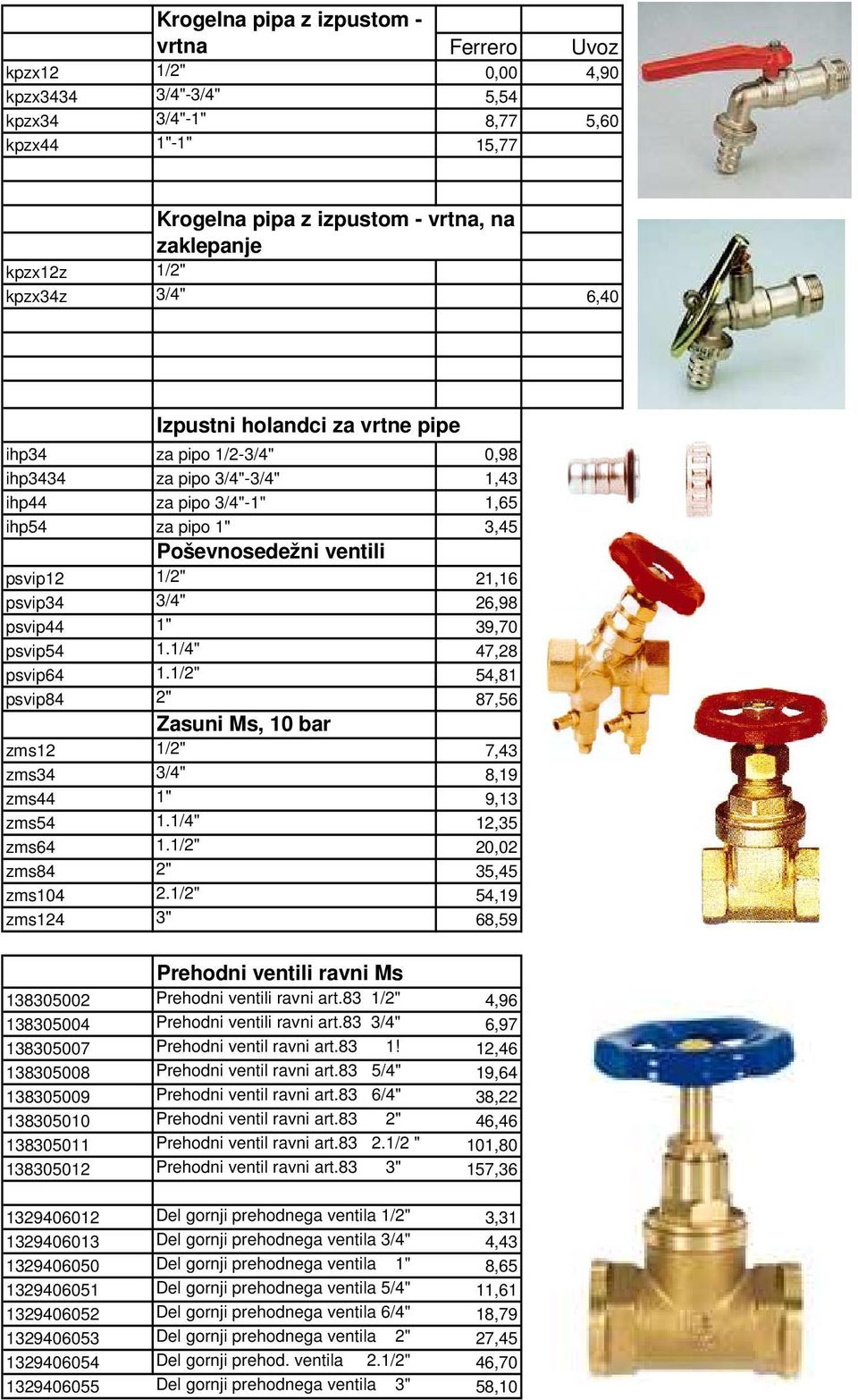 psvip34 3/4" 26,98 psvip44 1" 39,70 psvip54 1.1/4" 47,28 psvip64 1.1/2" 54,81 psvip84 2" 87,56 Zasuni Ms, 10 bar zms12 1/2" 7,43 zms34 3/4" 8,19 zms44 1" 9,13 zms54 1.1/4" 12,35 zms64 1.