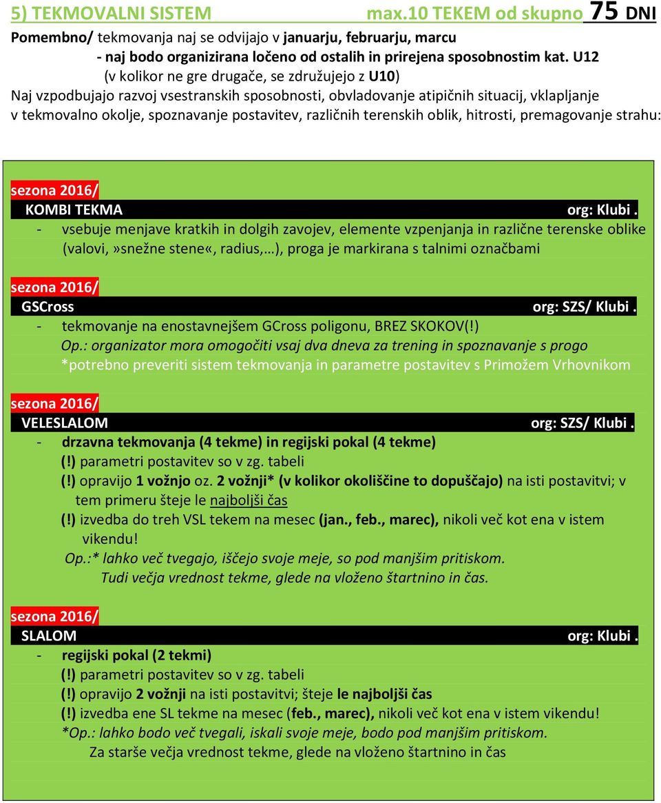 različnih terenskih oblik, hitrosti, premagovanje strahu: sezona 2016/ KOMBI TEKMA org: Klubi.