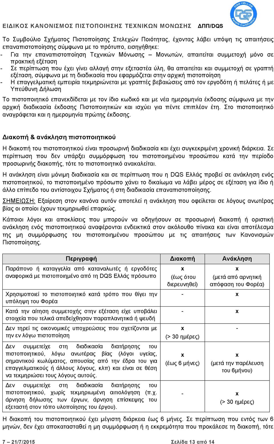 αρχική πιστοποίηση - Η επαγγελματική εμπειρία τεκμηριώνεται με γραπτές βεβαιώσεις από τον εργοδότη ή πελάτες ή με Υπεύθυνη Δήλωση Το πιστοποιητικό επανεκδίδεται με τον ίδιο κωδικό και με νέα