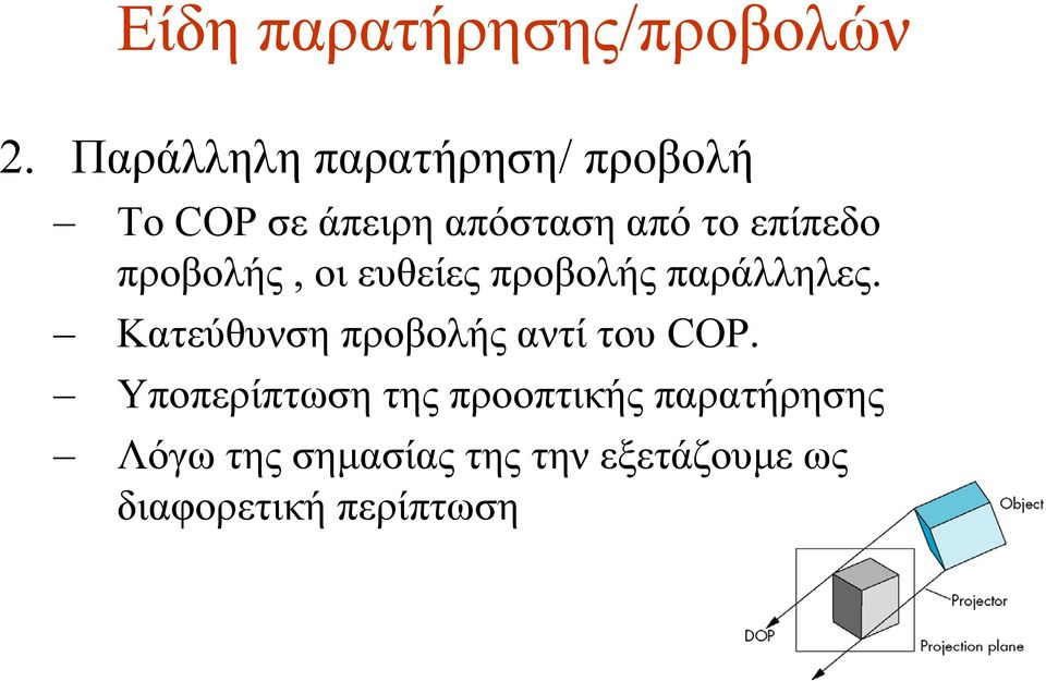 επίπεδο προβολής, οι ευθείες προβολής παράλληλες.