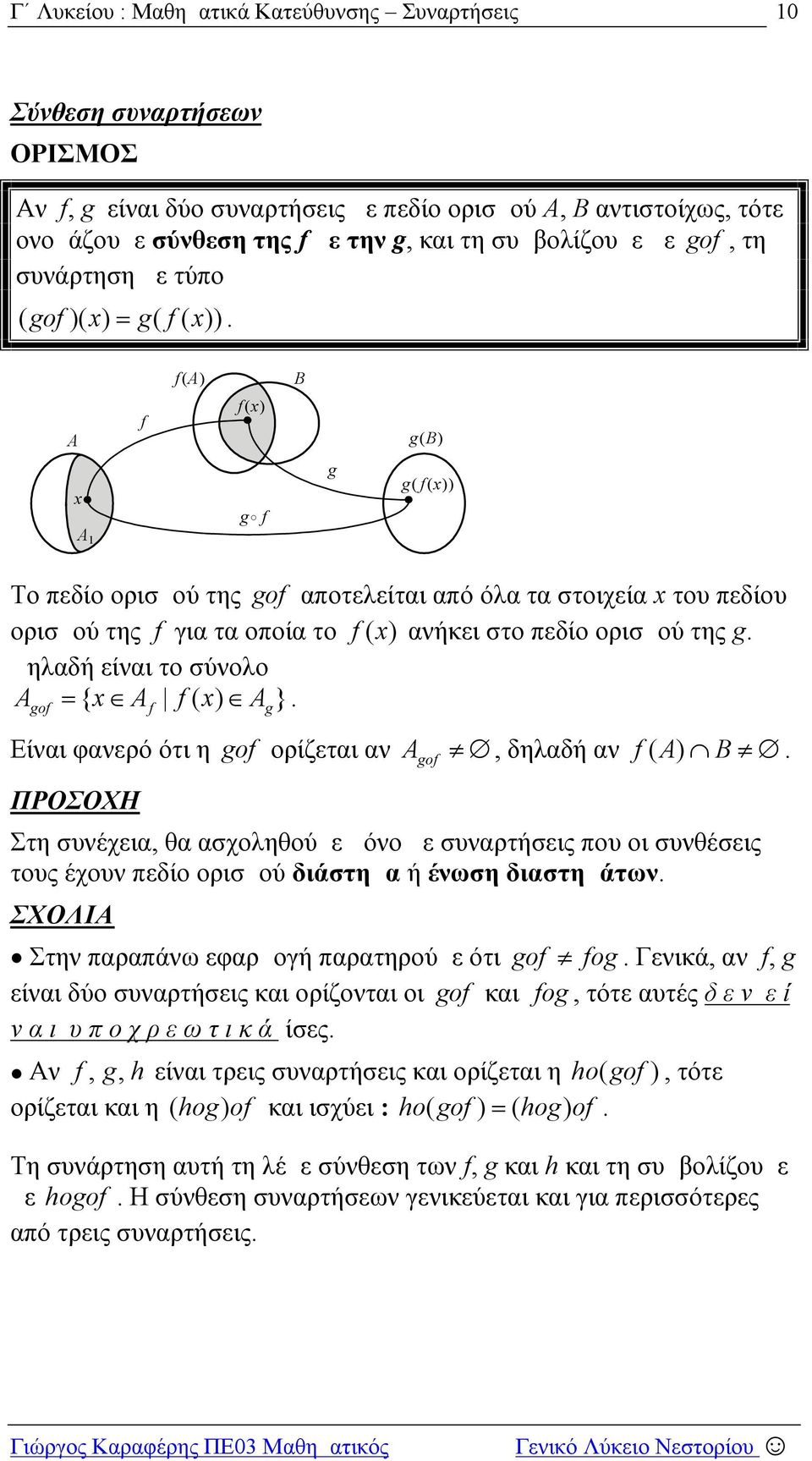 φανερό ότι η go ορίζεται αν ΠΡΟΣΟΧΗ Ago, δηλαδή αν () A B Στη συνέχεια, θα ασχοληθούμε μόνο με συναρτήσεις που οι συνθέσεις τους έχουν πεδίο ορισμού διάστημα ή ένωση διαστημάτων ΣΧΟΛΙΑ Στην παραπάνω