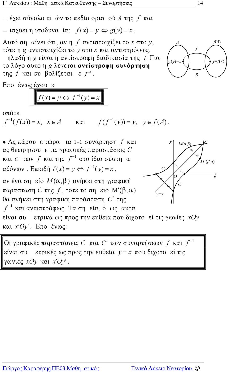 θεωρήσουμε τις γραφικές παραστάσεις C και C των και της στο ίδιο σύστημα αξόνων Επειδή ()(), αν ένα σημείο M (,) ανήκει στη γραφική C παράσταση C της, τότε το σημείο (,) = θα ανήκει στη γραφική