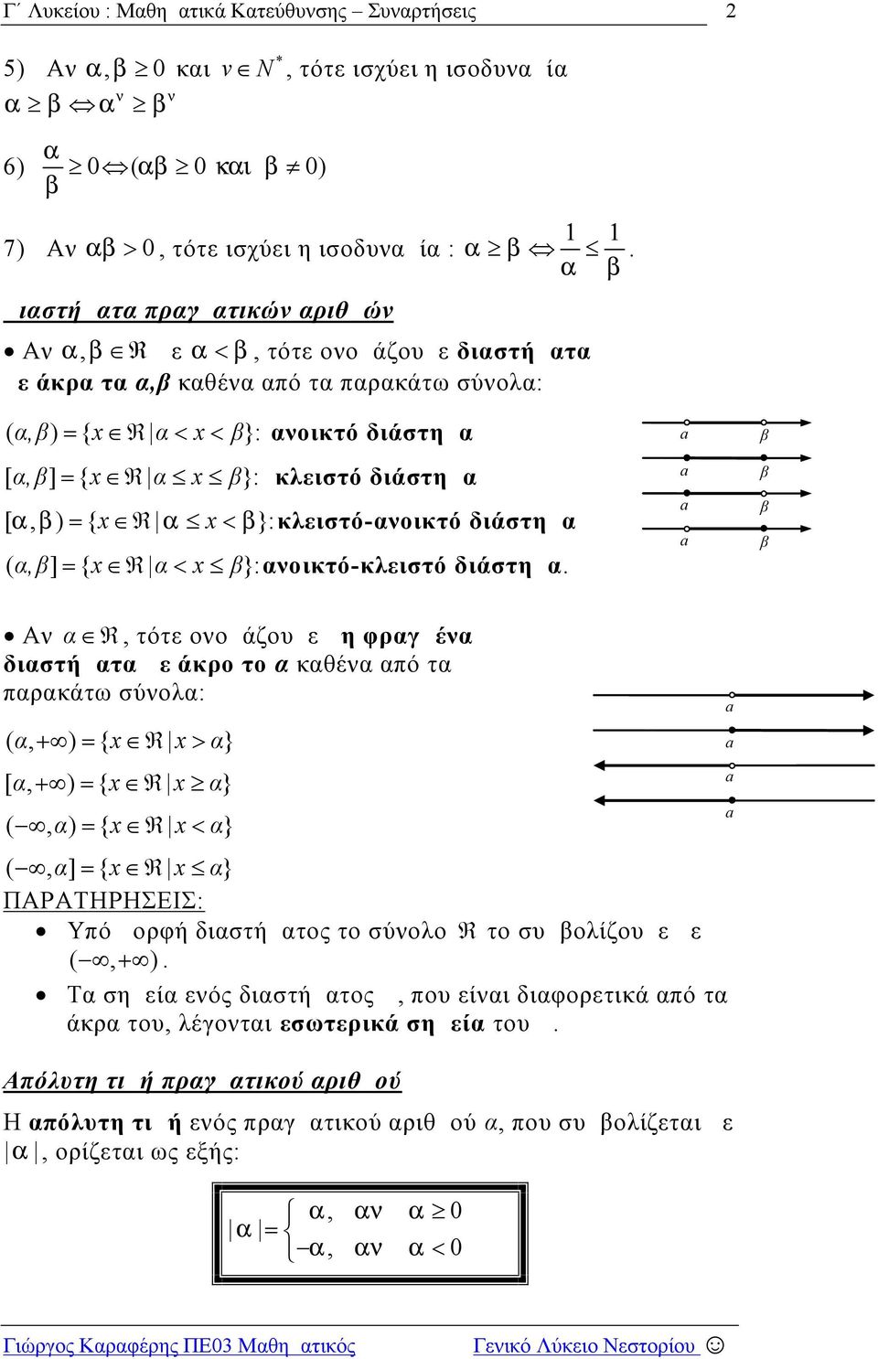 διαστήματα με άκρο το α καθένα από τα παρακάτω σύνολα: ( α,) { } α [ α,) { } α (,) α { } α (, α] { α} ΠΑΡΑΤΗΡΗΣΕΙΣ: Υπό μορφή διαστήματος το σύνολο το συμβολίζουμε με (,) Τα σημεία ενός διαστήματος