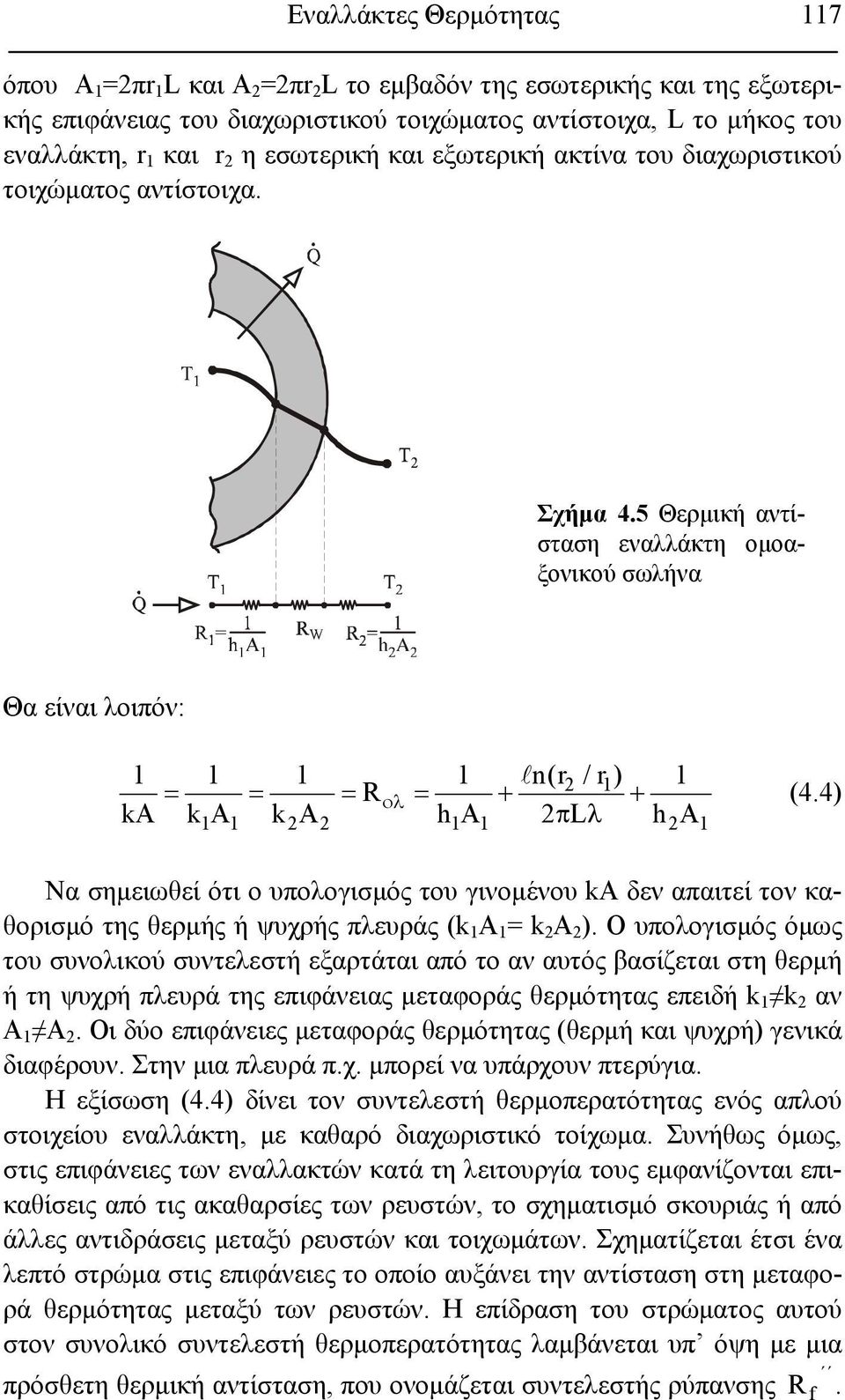 5 Θερμική αντίσταση εναλλάκτη ομοαξονικού σωλήνα Θα είναι λοιπόν: 1 1 1 1 n(r / r ) 1 = = = = + + ka ka k A ha L h A 1 Rολ 1 1 1 1 π λ 1 (4.