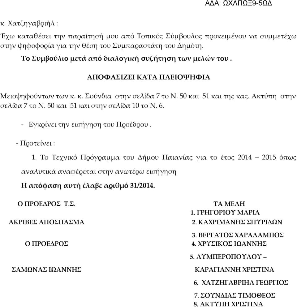 50 και 51 και στην σελίδα 10 το N. 6. - Εγκρίνει την εισήγηση του Προέδρου. - Προτείνει : 1.