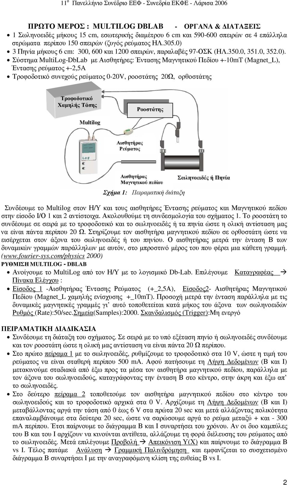 +-2,5A Τροφοδοτικό συνεχούς ρεύµατος 0-20V, ροοστάτης 20Ω, ορθοστάτης Τροφοδοτικό Χαµηλής Τάσης Ροοστάτης Multilog Αισθητήρας Ρεύµατος Αισθητήρας Μαγνητικού πεδίου Σχήµα 1: Πειραµατική διάταξη