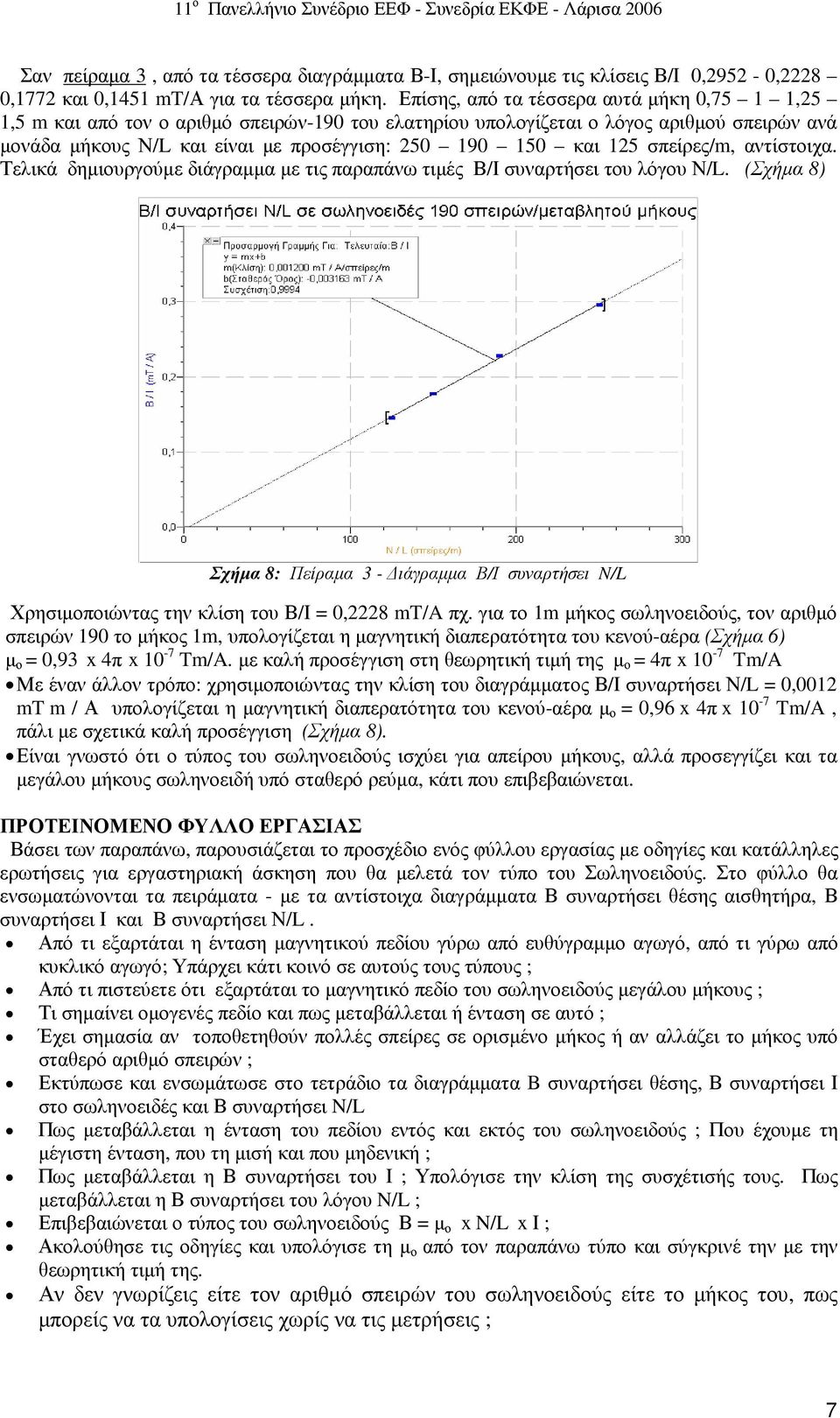125 σπείρες/m, αντίστοιχα. Τελικά δηµιουργούµε διάγραµµα µε τις παραπάνω τιµές Β/Ι συναρτήσει του λόγου Ν/L.