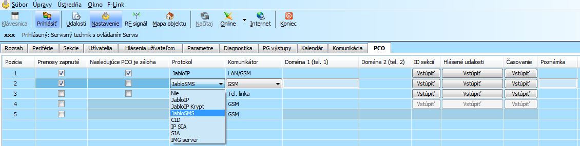 komunikačnej časti systému na PCO podstatne zjednodušené. Zmeny v tejto záložke sa môžu robiť aj bez prepnutia systému do režimu Servis. Prenosy zapnuté možnosť vypnúť nastavenú komunikáciu na PCO.