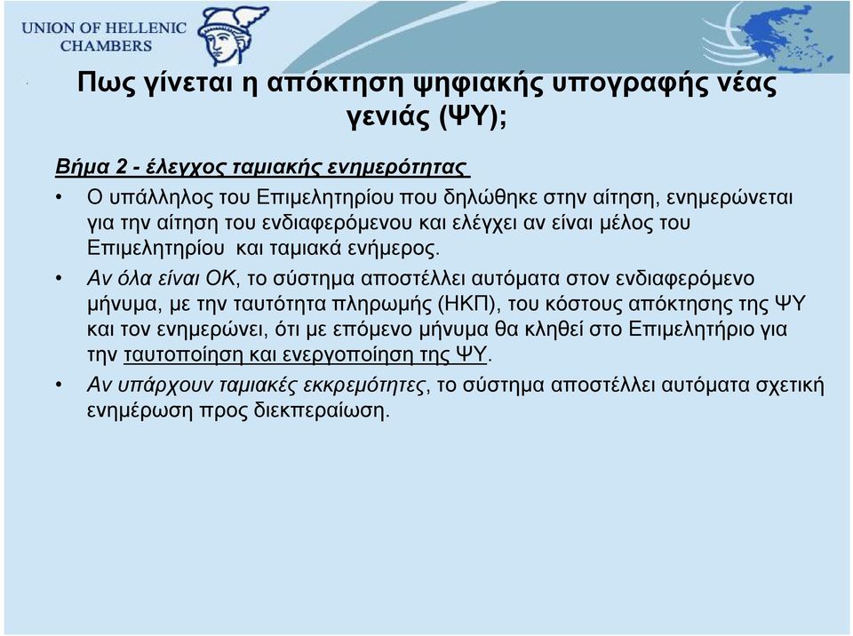 Αν όλα είναι ΟΚ, το σύστημα αποστέλλει αυτόματα στον ενδιαφερόμενο μήνυμα, με την ταυτότητα πληρωμής (ΗΚΠ), του κόστους απόκτησης της ΨΥ και τον