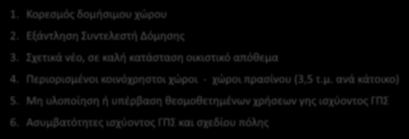 ΠΟΛΕΟΔΟΜΙΚΗ ΟΡΓΑΝΩΣΗ ΥΦΙΣΤΑΜΕΝΕΣ ΧΡΗΣΕΙΣ ΓΗΣ Συμπεράσματα πολεοδομικής θεώρησης 1. Κορεσμός δομήσιμου χώρου 2. Εξάντληση Συντελεστή Δόμησης 3.
