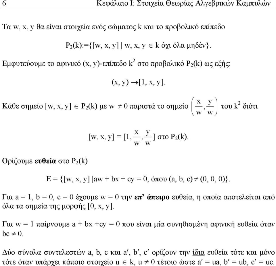 w w w y, w του k διότι Ε {[w,, y] aw b cy, όπου (a, b, c) (,, )}. Για a, b, c έχουµε w την επ άπειρο ευθεία, η οποία αποτελείται από όλα τα σηµεία της µορφής [,, y].