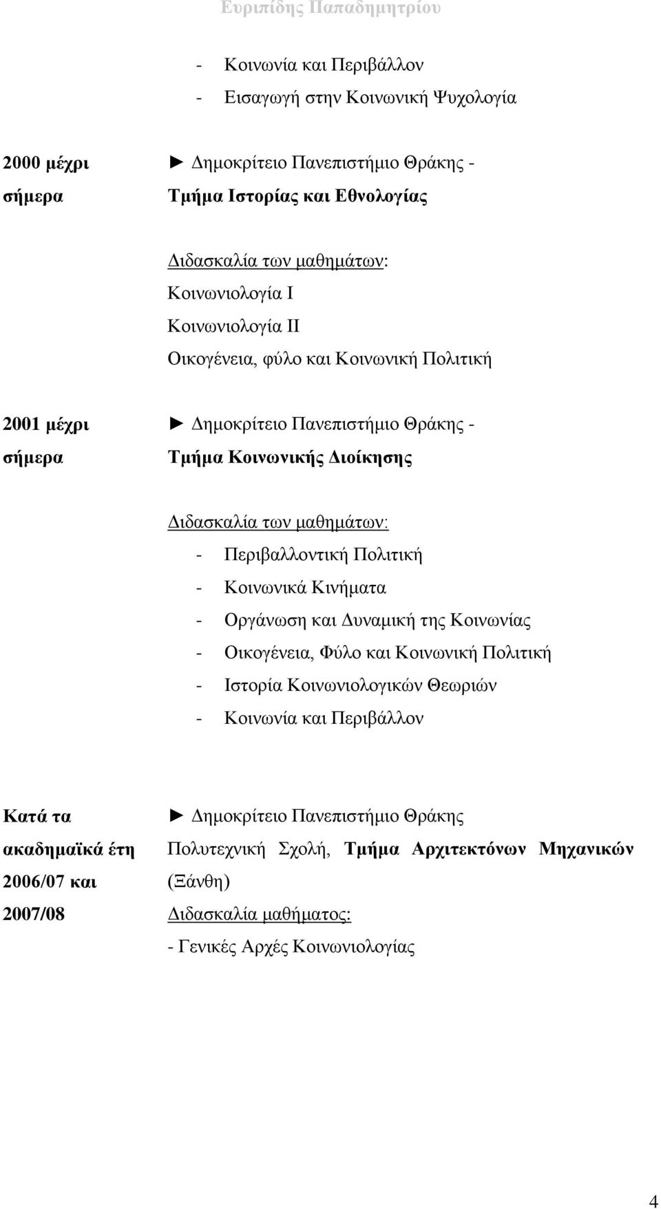 - Κοινωνικά Κινήματα - Οργάνωση και Δυναμική της Κοινωνίας - Οικογένεια, Φύλο και Κοινωνική Πολιτική - Ιστορία Κοινωνιολογικών Θεωριών - Κοινωνία και