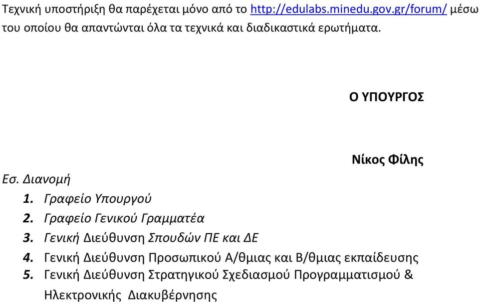 Ο ΥΠΟΥΡΓΟΣ Νίκος Φίλης Εσ. Διανομή 1. Γραφείο Υπουργού 2. Γραφείο Γενικού Γραμματέα 3.