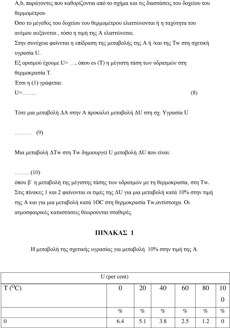 Έτσι η (1) γράφεται: U=.. (8) Τότε μια μεταβολή ΔΑ στην Α προκαλεί μεταβολή ΔU στη σχ. Υγρασία U (9) Mια μεταβολή ΔΤw στη Τw δημιουργεί U μεταβολή ΔU που είναι:.