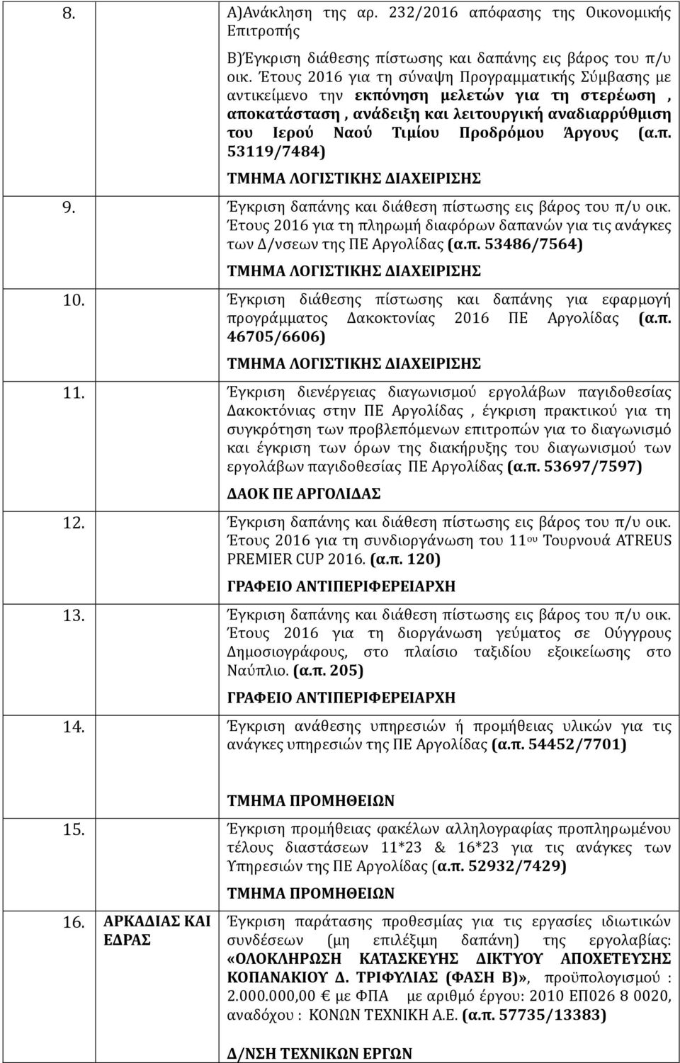 Έγκριση δαπάνης και διάθεση πίστωσης εις βάρος του π/υ οικ. Έτους 2016 για τη πληρωμή διαφόρων δαπανών για τις ανάγκες των Δ/νσεων της ΠΕ Αργολίδας (α.π. 53486/7564) 10.
