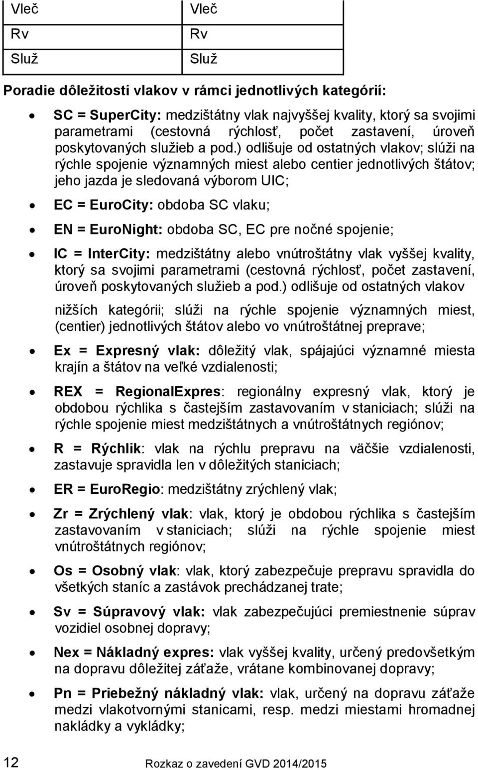 ) odlišuje od ostatných vlakov; slúži na rýchle spojenie významných miest alebo centier jednotlivých štátov; jeho jazda je sledovaná výborom UIC; EC = EuroCity: obdoba SC vlaku; EN = EuroNight: