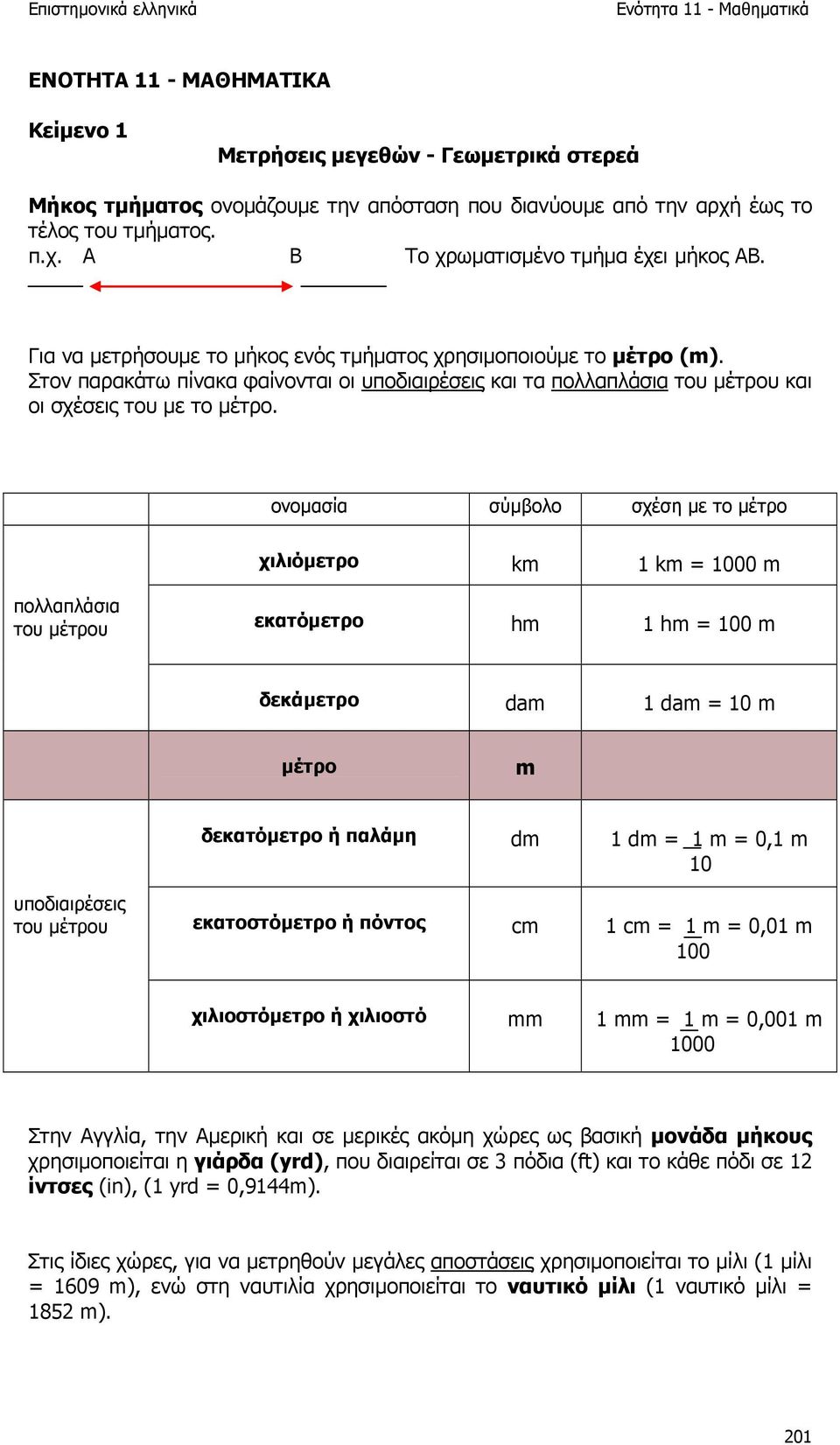 ονοµασία σύµβολο σχέση µε το µέτρο χιλιόµετρο km 1 km = 1000 m πολλαπλάσια του µέτρου εκατόµετρο hm 1 hm = 100 m δεκάµετρο dam 1 dam = 10 m µέτρο m δεκατόµετρο ή παλάµη dm 1 dm = 1 m = 0,1 m 10