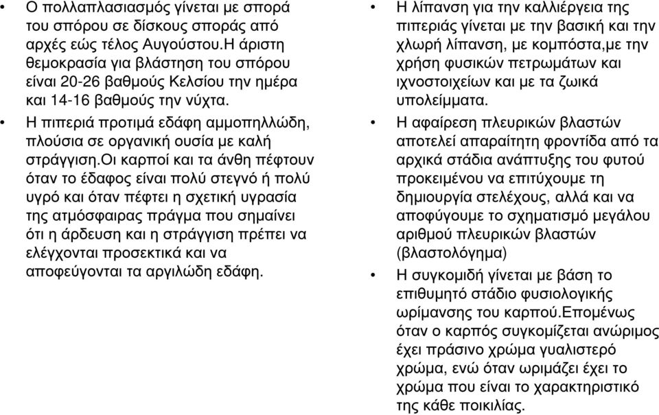 οι καρποί και τα άνθη πέφτουν όταν το έδαφος είναι πολύ στεγνό ή πολύ υγρό και όταν πέφτει η σχετική υγρασία της ατµόσφαιρας πράγµα που σηµαίνει ότι η άρδευση και η στράγγιση πρέπει να ελέγχονται