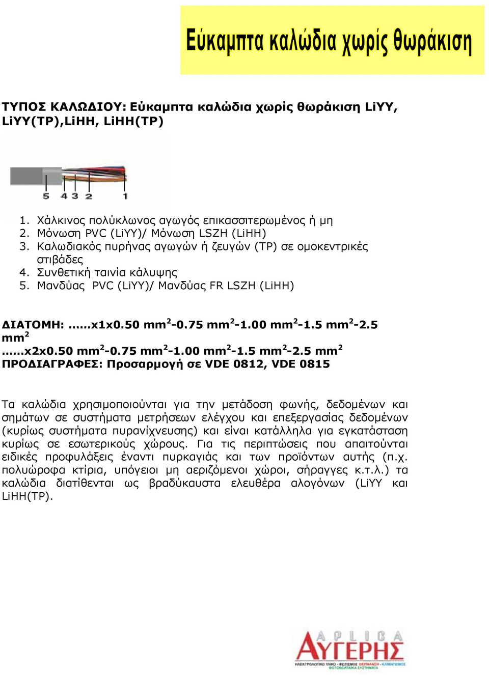 5 mm 2-2.5 mm 2 x2x0.50 mm 2-0.75 mm 2-1.00 mm 2-1.5 mm 2-2.5 mm 2 ΠΡΟΔΙΑΓΡΑΦΕΣ: Προσαρμογή σε VDE 0812, VDE 0815 κυρίως σε εσωτερικούς χώρους.