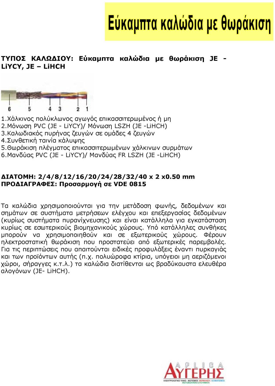 Μανδύας PVC (JE - LiYCY)/ Μανδύας FR LSZH (JE -LiHCH) ΔΙΑΤΟΜΗ: 2/4/8/12/16/20/24/28/32/40 x 2 x0.50 mm ΠΡΟΔΙΑΓΡΑΦΕΣ: Προσαρμογή σε VDE 0815 κυρίως σε εσωτερικούς βιομηχανικούς χώρους.