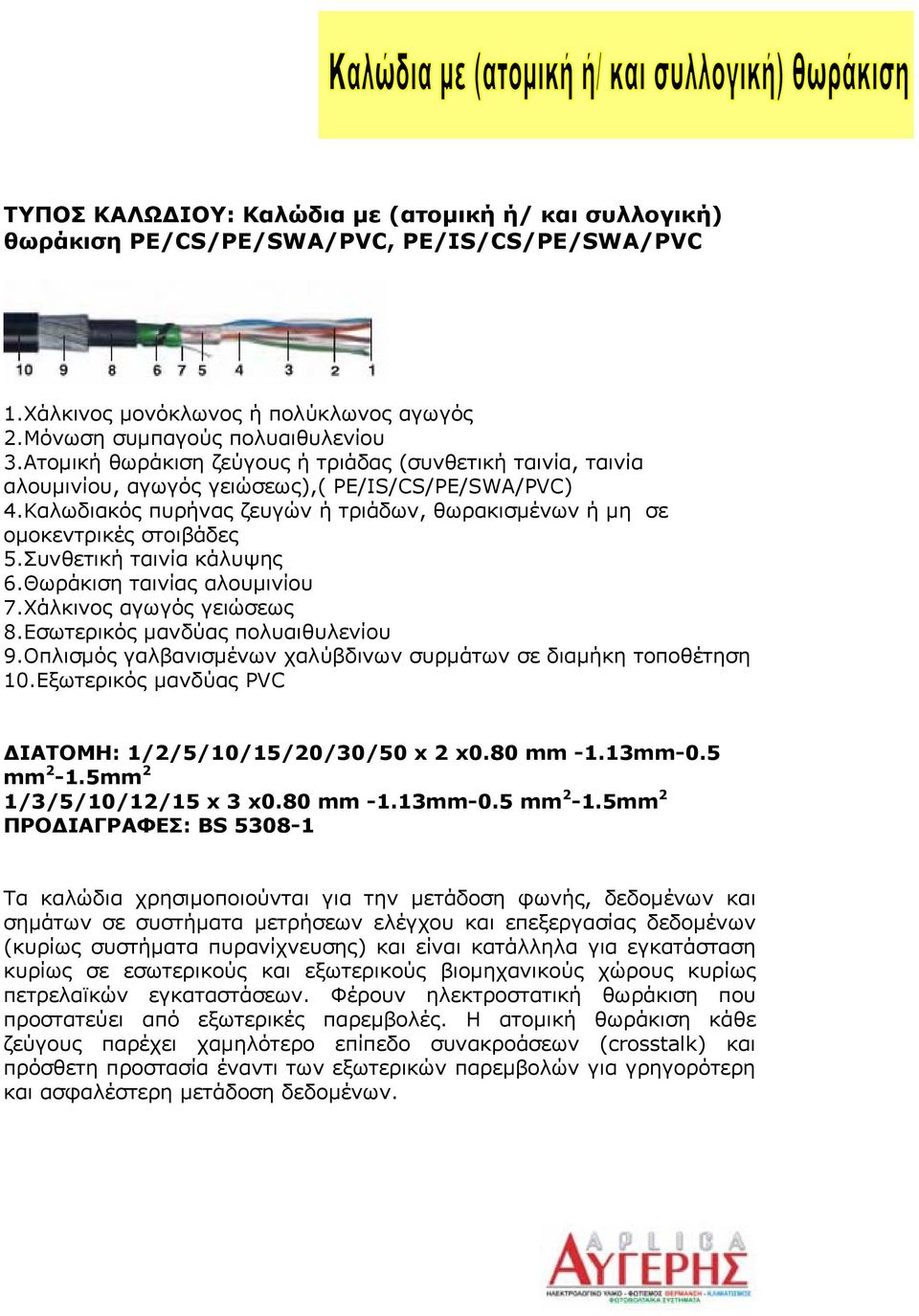 Συνθετική ταινία κάλυψης 6.Θωράκιση ταινίας αλουμινίου 7.Χάλκινος αγωγός γειώσεως 8.Εσωτερικός μανδύας πολυαιθυλενίου 9.Οπλισμός γαλβανισμένων χαλύβδινων συρμάτων σε διαμήκη τοποθέτηση 10.