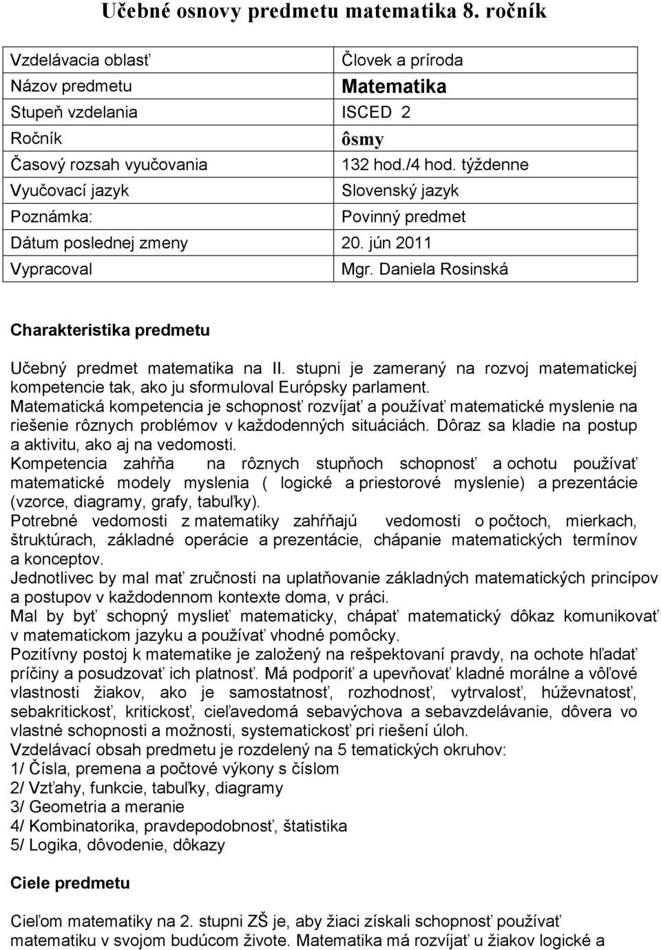 týždenne Slovenský jazyk Povinný predmet Dátum poslednej zmeny 20. jún 2011 Vypracoval Mgr. Daniela Rosinská Charakteristika predmetu Učebný predmet matematika na II.
