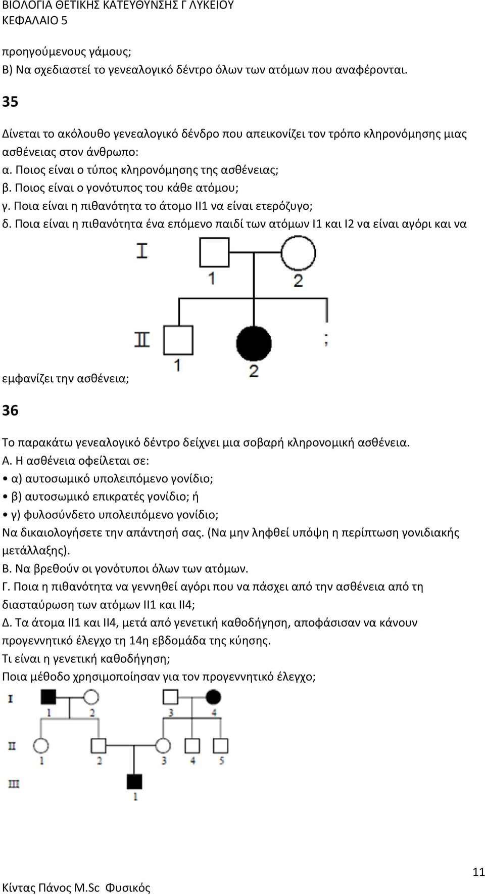 Ποιος είναι ο γονότυπος του κάθε ατόμου; γ. Ποια είναι η πιθανότητα το άτομο II1 να είναι ετερόζυγο; δ.