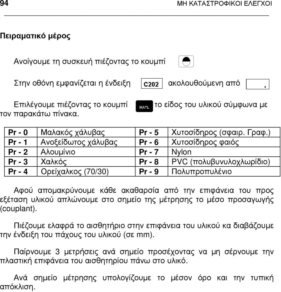 ) Pr - 1 Ανοξείδωτος χάλυβας Pr - 6 Χυτοσίδηρος φαιός Pr - 2 Αλουµίνιο Pr - 7 Nylon Pr - 3 Χαλκός Pr - 8 PVC (πολυβυνυλοχλωρίδιο) Pr - 4 Ορείχαλκος (70/30) Pr - 9 Πολυπροπυλένιο Αφού αποµακρύνουµε