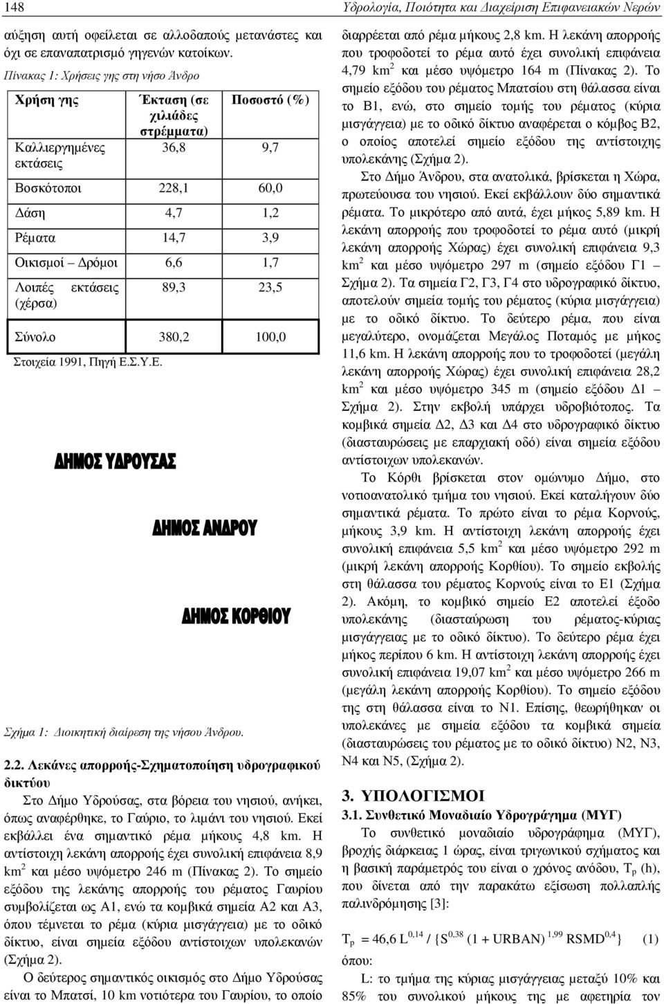 (χέρσα) εκτάσεις 89,3 23,5 Σύνολο 380,2 100,0 Στοιχεία 1991, Πηγή Ε.Σ.Υ.Ε. Σχήµα 1: ιοικητική διαίρεση της νήσου Άνδρου. 2.2. Λεκάνες απορροής-σχηµατοποίηση υδρογραφικού δικτύου Στο ήµο Υδρούσας, στα βόρεια του νησιού, ανήκει, όπως αναφέρθηκε, το Γαύριο, το λιµάνι του νησιού.