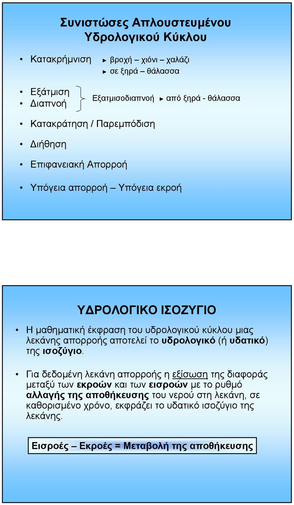 λεκάνης απορροής αποτελεί το υδρολογικό (ή υδατικό) της ισοζύγιο.