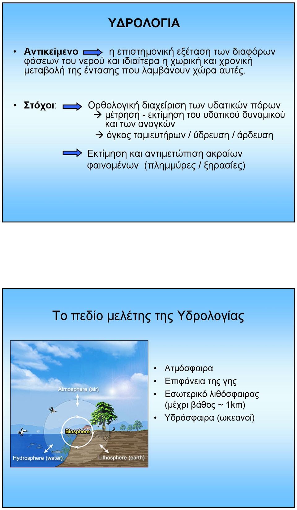 Στόχοι: Ορθολογική διαχείριση των υδατικών πόρων µέτρηση - εκτίµηση του υδατικού δυναµικού και των αναγκών όγκος