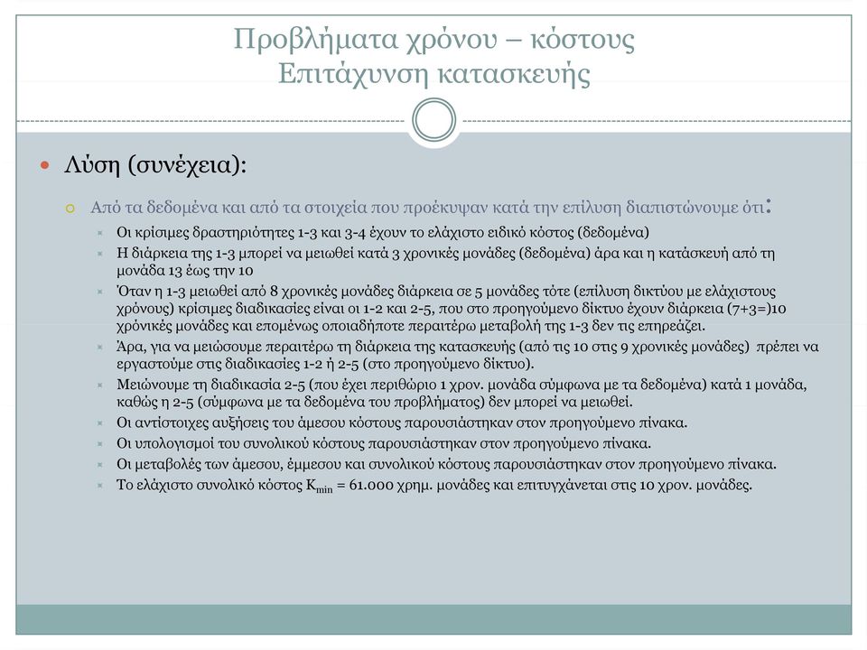 ελάχιστους χρόνους) κρίσιμες διαδικασίες είναι οι 1-2 και 2-5, που στο προηγούμενο δίκτυο έχουν διάρκεια (7+3=)10 χρόνικές μονάδες και επομένως οποιαδήποτε περαιτέρω μεταβολή της 1-3 δεν τις