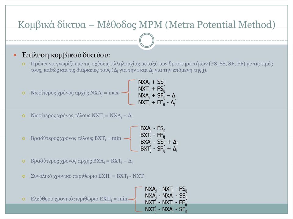 Νωρίτερος χρόνος αρχής ΝΧΑ j = max NXA i +SS ij NXT i + FS ij NXA i + SF ij j ΝΧΤ i + FF ij - j Νωρίτερος χρόνος τέλους ΝΧT j = NXA j + Δ j BXA j -FS ij Βραδύτερος χρόνος